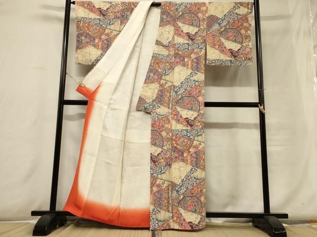 平和屋着物□上質な小紋 型染め 切嵌花鳥文 正絹 逸品 CABB8206in