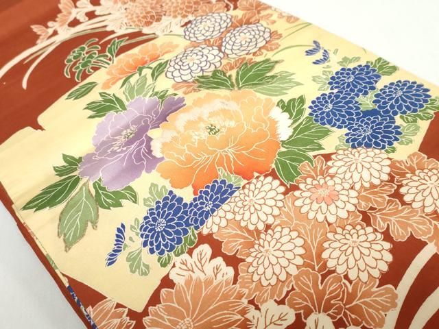 平和屋着物◎アンティーク 大正ロマン 丸帯 駒刺繍 地紙草花文