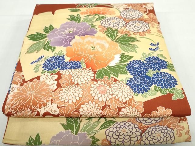 平和屋着物◎アンティーク 大正ロマン 丸帯 駒刺繍 地紙草花文