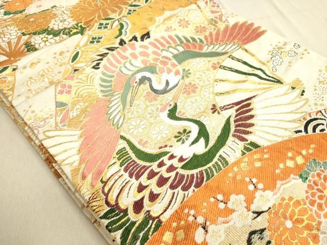 平和屋着物◎アンティーク 大正ロマン 丸帯 飛鶴花文 金糸 正絹 逸品