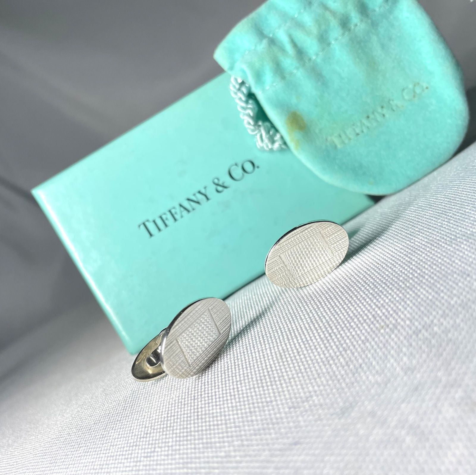 Tiffany ティファニー 鏡面スターリングシルバー＆ストライプライン オーバルカフス カフリンクス ボタンSV 925 メンズ 付属品あり