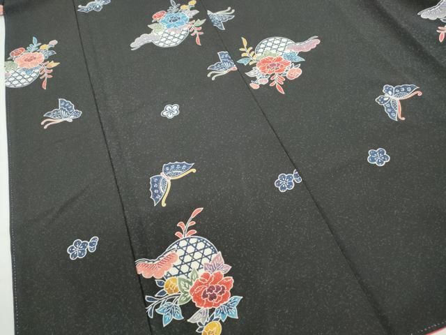 平和屋着物□上質な小紋 型染 舞蝶花丸文 黒地 正絹 逸品 DABA9416qa