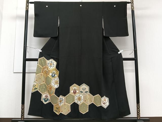 平和屋着物□豪華黒留袖 駒刺繍 亀甲花文 金彩 正絹 逸品 CABB8608xi