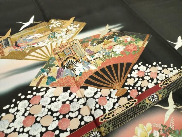 平和屋着物□谷崎潤一郎の世界 黒留袖 駒刺繍 扇面御所車飛鶴人物文 暈