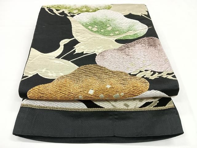 平和屋着物◎六通柄袋帯 飛鶴枝松文 黒地 金銀糸 正絹 逸品 CABB1064nb