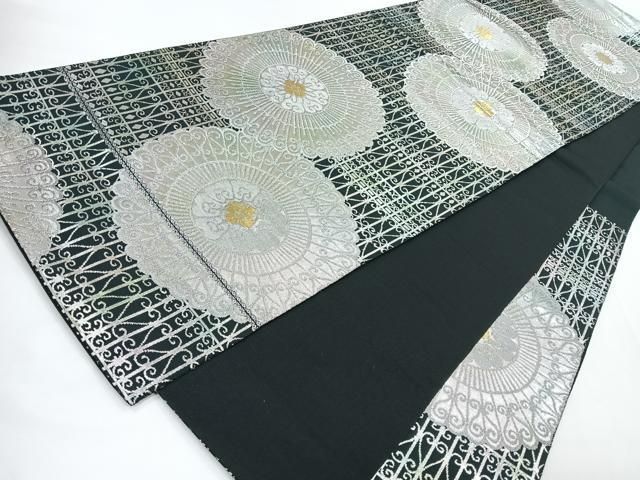 平和屋着物◎西陣 服部織物謹製 六通柄袋帯 こはく錦 絵皿花文 黒地 金