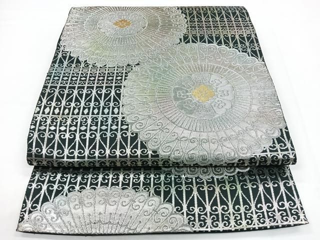 平和屋着物◎西陣 服部織物謹製 六通柄袋帯 こはく錦 絵皿花文 黒地 金