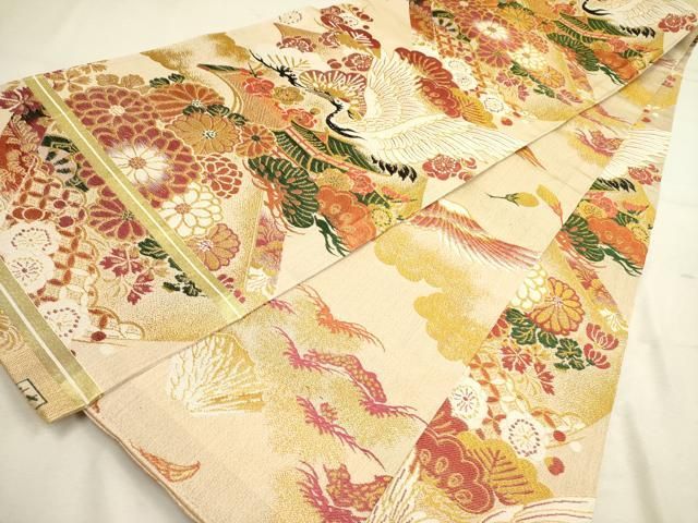 平和屋着物◎アンティーク 大正ロマン 丸帯 作家物 風景飛鶴花文 金糸