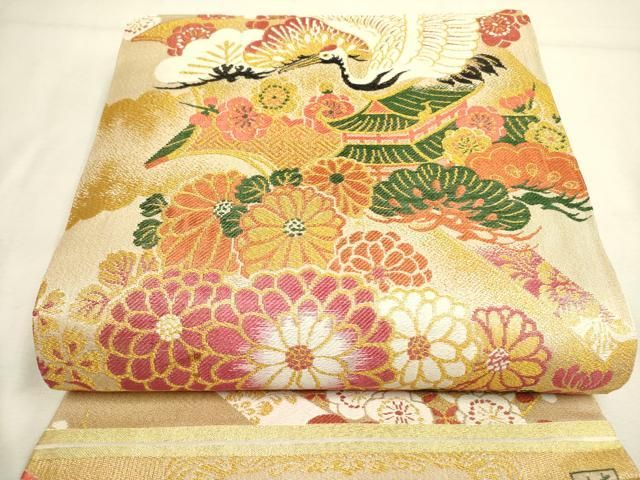 平和屋着物◎アンティーク 大正ロマン 丸帯 作家物 風景飛鶴花文 金糸
