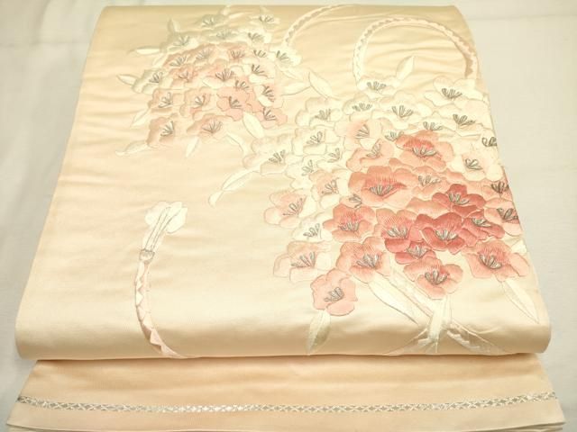 平和屋着物◎太鼓柄袋帯 総刺繍 草花 銀糸 正絹 逸品 DABA6729op