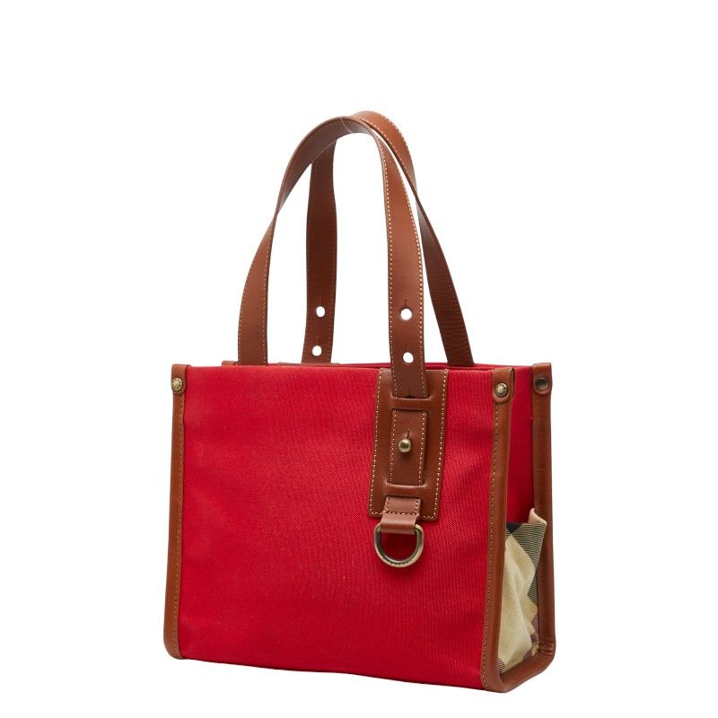 バーバリー トートバッグ ハンドバッグ レッド ブラウン キャンバス