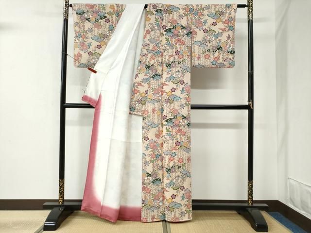 平和屋着物○上質な小紋 型染め 扇面松梅花鳥文 正絹 逸品 CABB4363yc