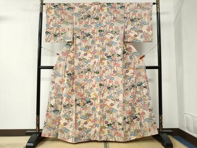 平和屋着物○上質な小紋 型染め 扇面松梅花鳥文 正絹 逸品 CABB4363yc