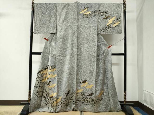 平和屋着物●訪問着　流水飛鶴文　たたき染め　黒地　金彩　ロング丈　正絹　逸品　CABB4405yc 平和屋着物○訪問着 流水飛鶴文 たたき染め 黒地 金彩 ロング丈 正絹