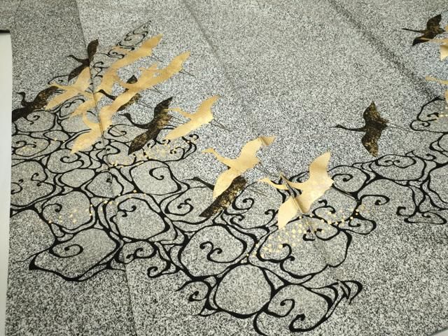 平和屋着物○訪問着 流水飛鶴文 たたき染め 黒地 金彩 ロング丈 正絹