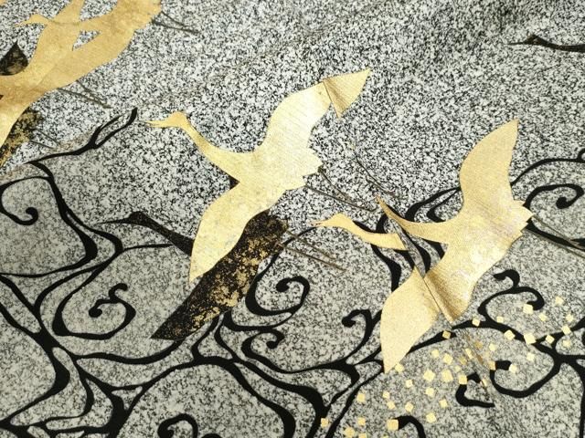 平和屋着物○訪問着 流水飛鶴文 たたき染め 黒地 金彩 ロング丈 正絹