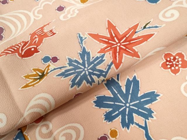 平和屋着物○上質な小紋 竜田川花鳥文 鬼しぼ縮緬 正絹 逸品 未使用