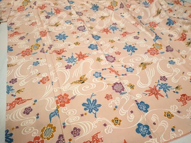 平和屋着物○上質な小紋 竜田川花鳥文 鬼しぼ縮緬 正絹 逸品 未使用