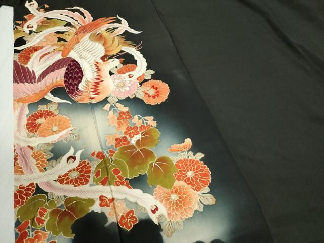平和屋着物○アンティーク 大正ロマン 黒留袖 駒刺繍 鳳凰草花文 暈し
