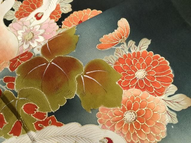 平和屋着物○アンティーク 大正ロマン 黒留袖 駒刺繍 鳳凰草花文 暈し