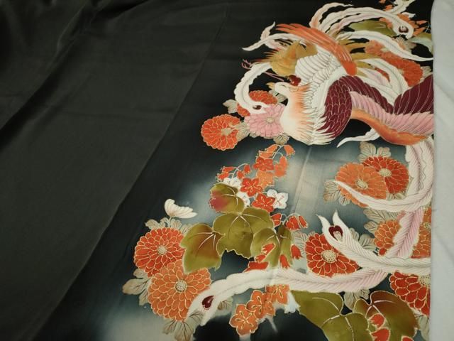平和屋着物○アンティーク 大正ロマン 黒留袖 駒刺繍 鳳凰草花文 暈し