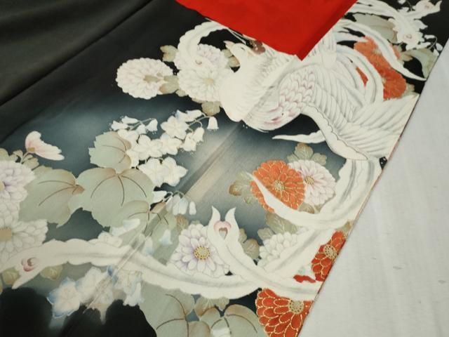 平和屋着物○アンティーク 大正ロマン 黒留袖 駒刺繍 鳳凰草花文 暈し