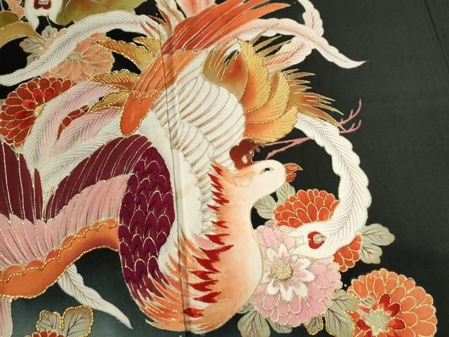 平和屋着物○アンティーク 大正ロマン 黒留袖 駒刺繍 鳳凰草花文 暈し