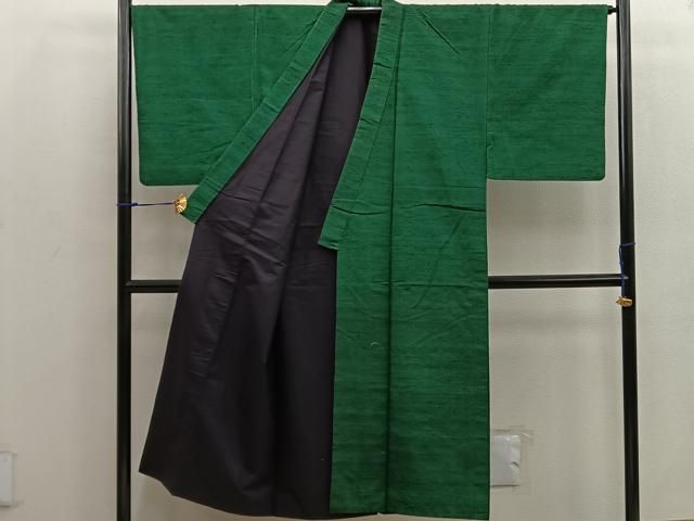 平和屋着物○男性 紬 アンサンブル 色無地 深緑色 正絹 逸品