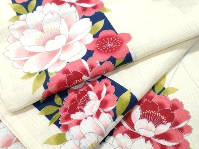 平和屋着物∴夏物 浴衣 綿紅梅 牡丹花文 綿 逸品 CABB6569ng - メルカリ