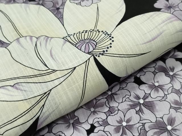 平和屋着物∴夏物 松田聖子 SEIKOMATSUDA 浴衣 紫陽花菊花文 黒地 銀彩