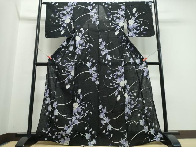 平和屋着物∴夏物 浴衣 草花舞蝶文 黒地 綿麻 逸品 CABB6573ng - メルカリ