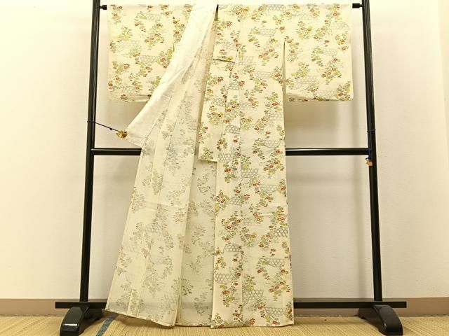 平和屋着物＊夏物 小紋 絽 手描き 籬草花文 正絹 逸品 BAAW5072hj