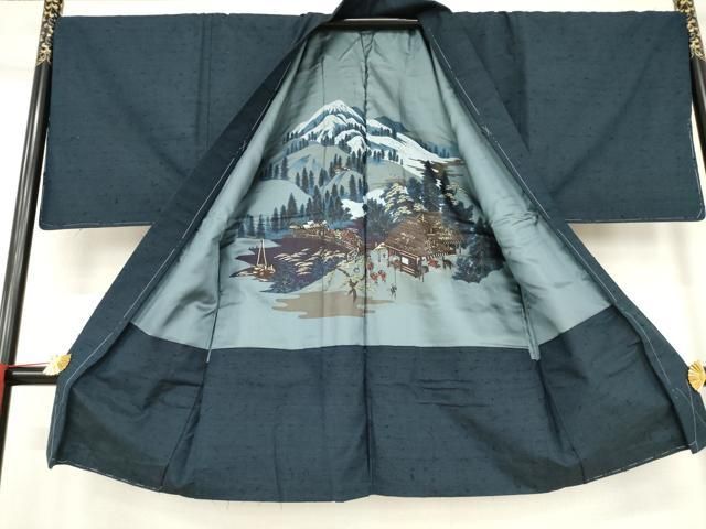 平和屋着物○男性 久能紬 アンサンブル 藍鉄色 証紙付き 正絹 逸品 未