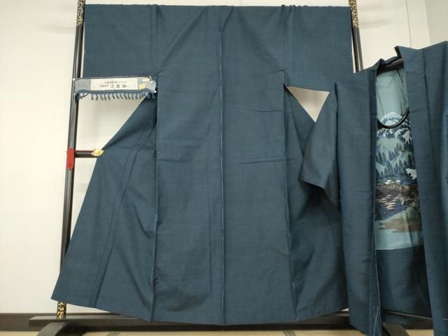 平和屋着物○男性 久能紬 アンサンブル 藍鉄色 証紙付き 正絹 逸品 未