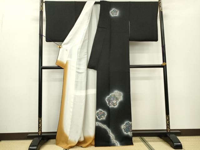 平和屋着物○訪問着 絞り 辻が花 舞桜 蛍暈し 黒地 正絹 逸品
