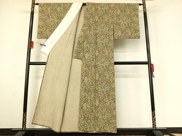 平和屋着物▽上質な小紋 単衣 更紗花文 鬼しぼ縮緬 正絹 逸品