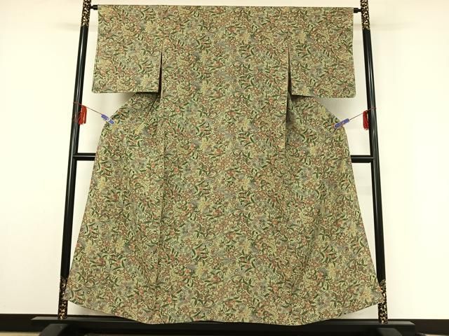 平和屋着物▽上質な小紋 単衣 更紗花文 鬼しぼ縮緬 正絹 逸品