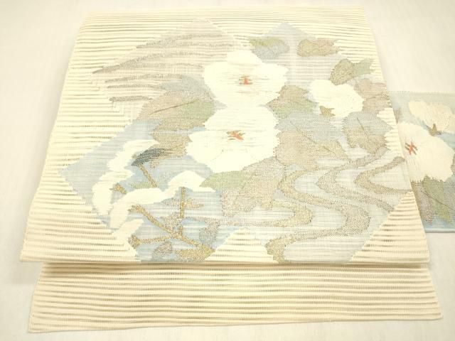 平和屋着物＊夏物　絽綴れ　八寸名古屋帯　流水文　金銀糸　正絹　逸品　DABA0043cm 平和屋着物＊夏物 絽綴れ 八寸名古屋帯 流水花文 金銀糸 正絹 逸品