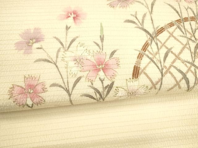 平和屋着物＊夏物 九寸名古屋帯 変わり絽縮緬 手描き 籬花文 金彩 正絹