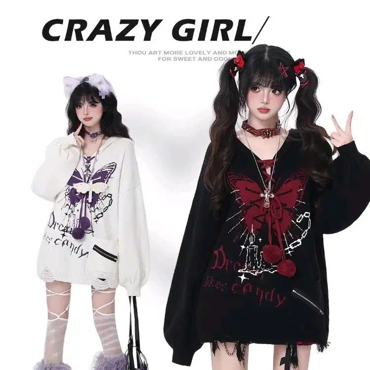 crazy girl 蝶 刺繍 フーディー Tシャツ 4種 地雷系 ゴス パンク サブカルチャー