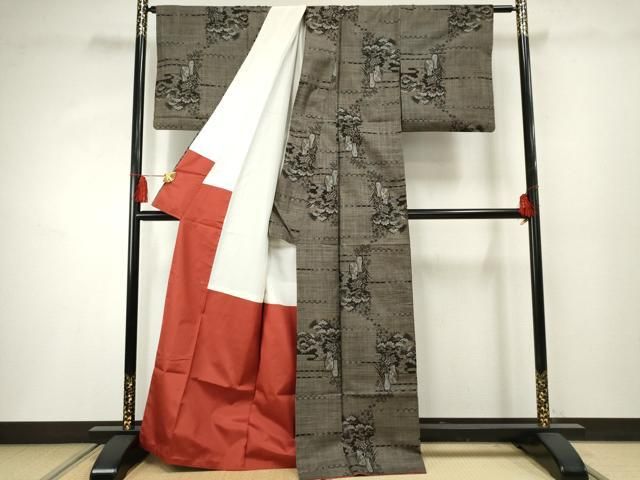 平和屋着物○本場大島紬 泥染め カタス9マルキ 陶器花松文 正絹 逸品