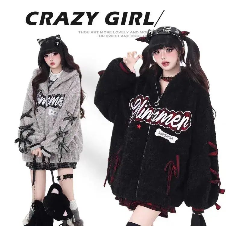crazy girl フリース ジップアップフーディー 2種 量産型 地雷系 サブカルチャー