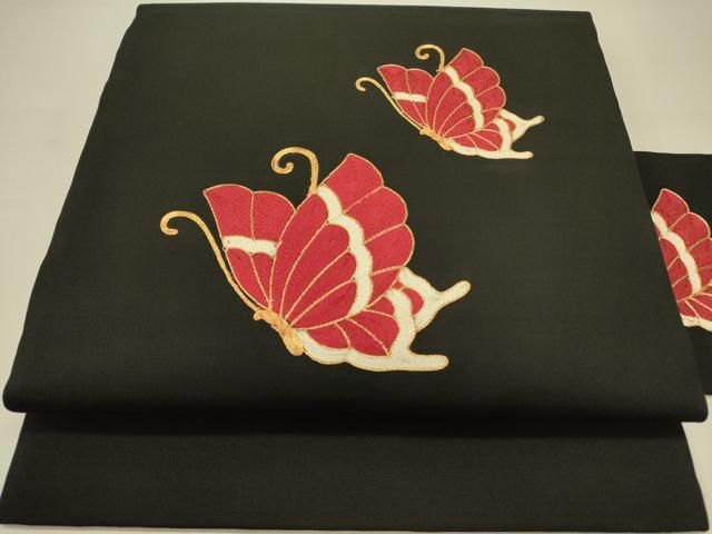 平和屋着物●つけ帯　舞蝶文　正絹　逸品　CABA1107hy 平和屋着物○塩瀬 九寸名古屋帯 駒刺繍 総刺繍 舞蝶文 黒地 正絹 逸品