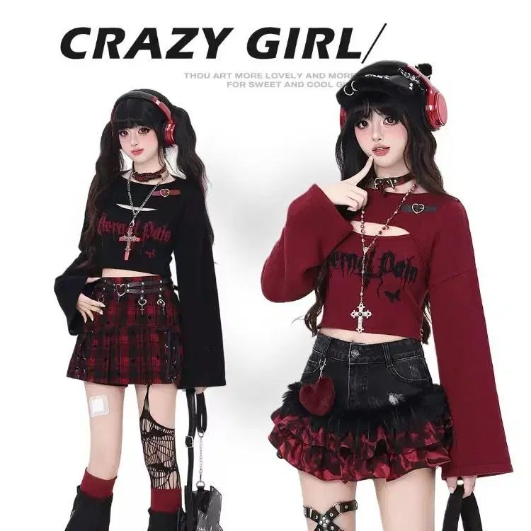 crazy girl クロップド長袖Tシャツ ノースリーブTシャツ 2種 サブカルチャー パンク ゴス