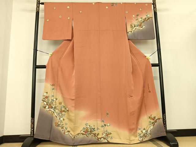 平和屋着物○世界的友禅作家 千地泰弘 訪問着 草花文 暈し染め 金彩