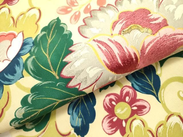 平和屋着物○アンティーク 大正ロマン 九寸名古屋帯 刺繍 草花 正絹