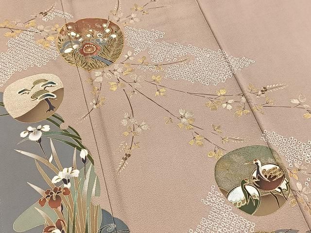 平和屋着物○訪問着 駒刺繍 絞り 休み鶴風景文 松竹梅 金彩 正絹 逸品