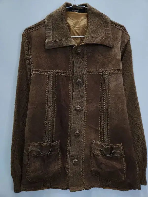 ヴィンテージ ウェスタン エスニック デザインテープ スウェード パッチワーク ニット ジャケット