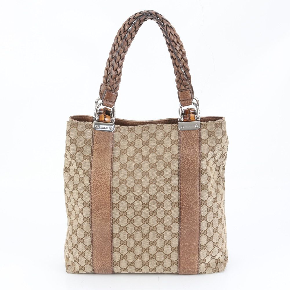 美品 グッチ GGキャンバス バンブー 編み込み 232946 レザー トート