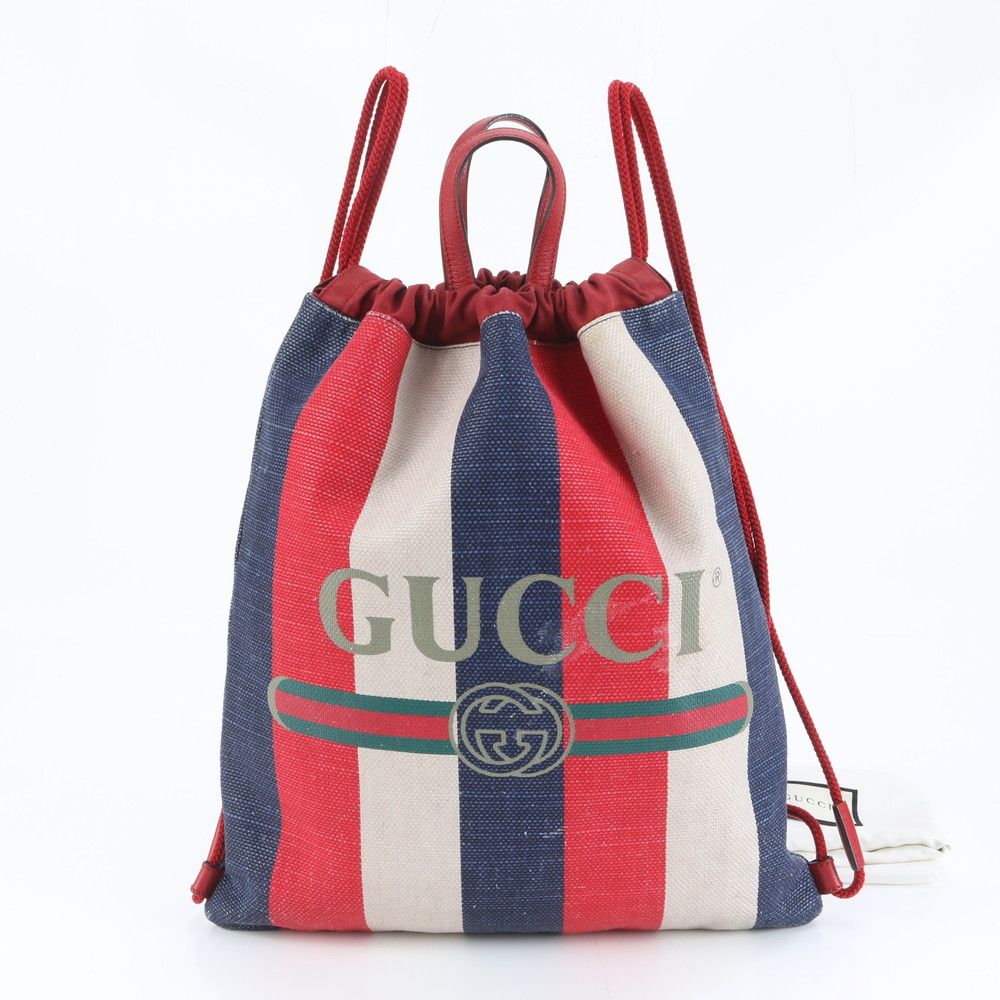 美品 グッチ トリコロール ドローストリング 473872 レザー キャンバス